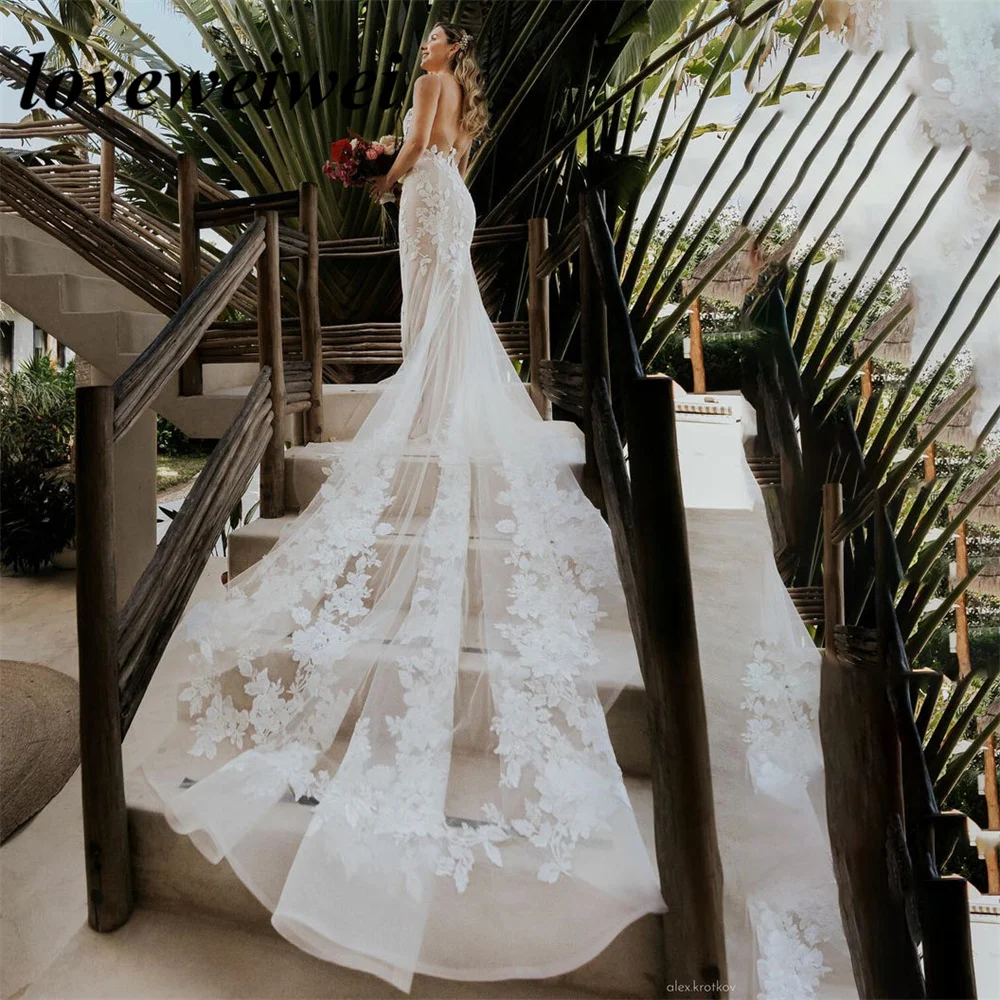 Boho Mermaid Sweetheart Wedding Dresses Sexy Backless Bride Gown Lace Appliques Sweep Train Bridal Gowns Robe de Mariée 3