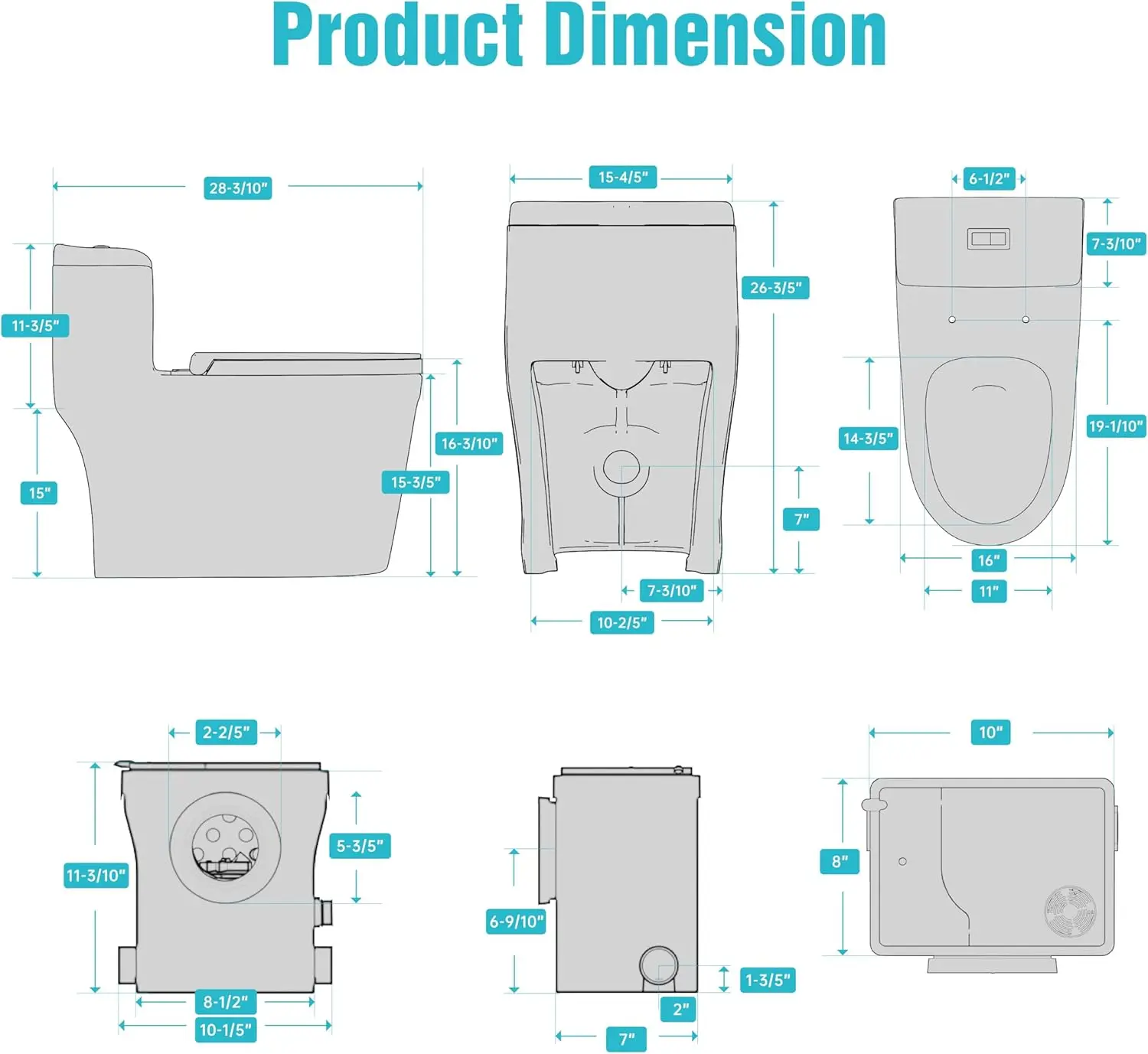 One Piece Macerating Toilet System with Macerator Toilet Pump, 600W Compact Upflush Toilet for Basement - 3 Inlets 3