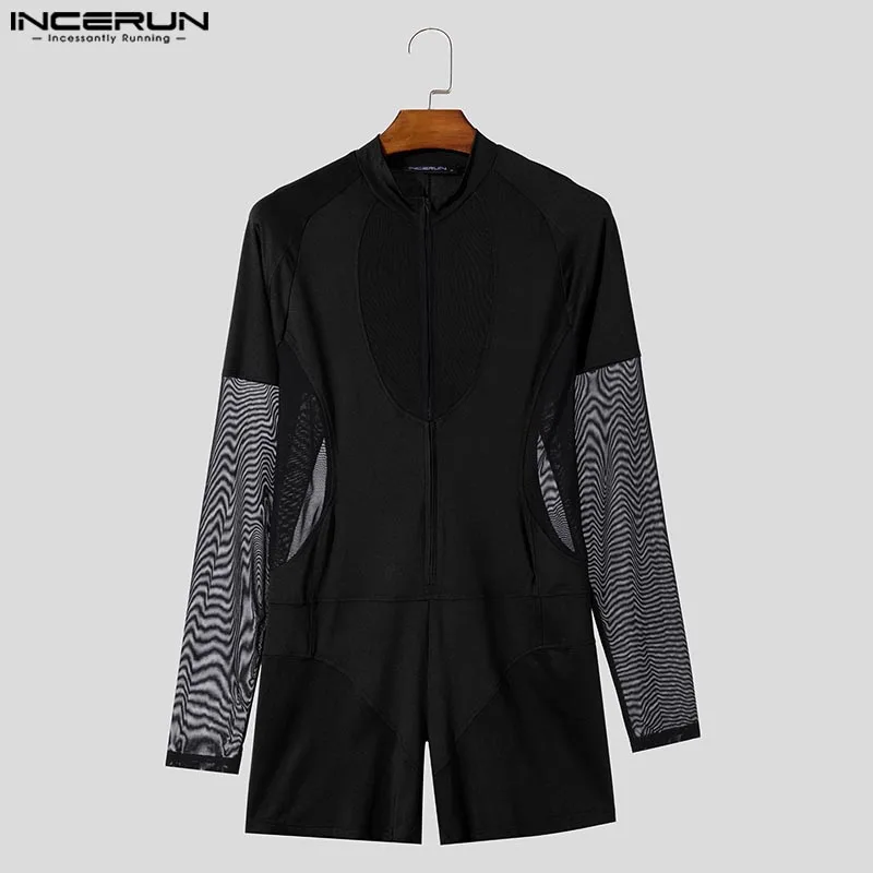 American Style Stylish Jumpsuit Men Sexy Hollow Design Splicing Mesh Jumpsuit Loungewear Male Long Sleeved Bodysuit INCERUN