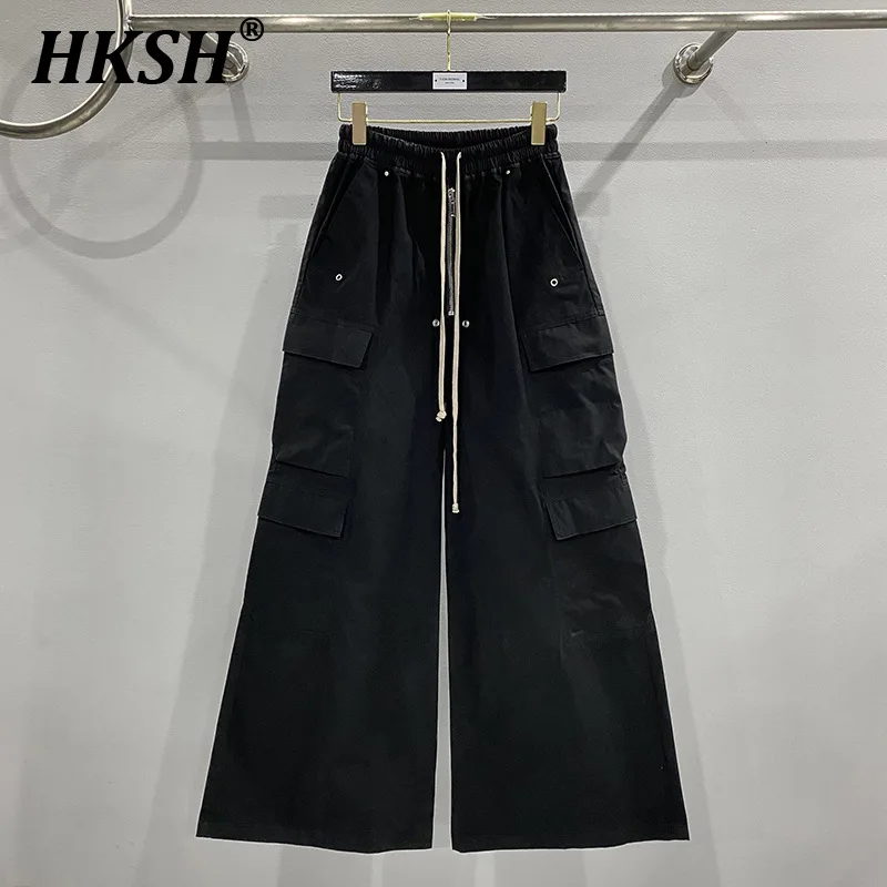 

HKSH Men's Tide Dark Spring Summer New Pockets Safari Style Large Size Wide Leg Casual Cargo Pants Fashion Chic Trousers HK1400