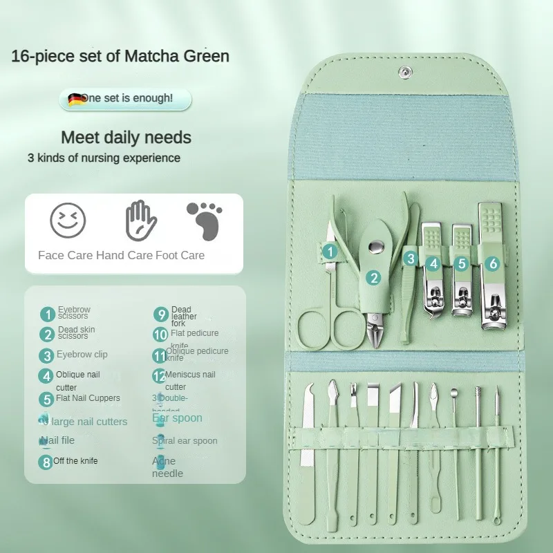 Nail Clippers Suit Full Set 16Set Manicure Implement Stainless Steel Clippers Suit Matcha Green Nail Scissors
