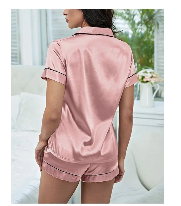 Frauen Nachtwäsche Seide Satin Pyjamas Set Button-Down Pyjama Shorts Anzug Pijama Femme Loungewear Pj Sets Einfarbig Hause kleidung – Detail 18