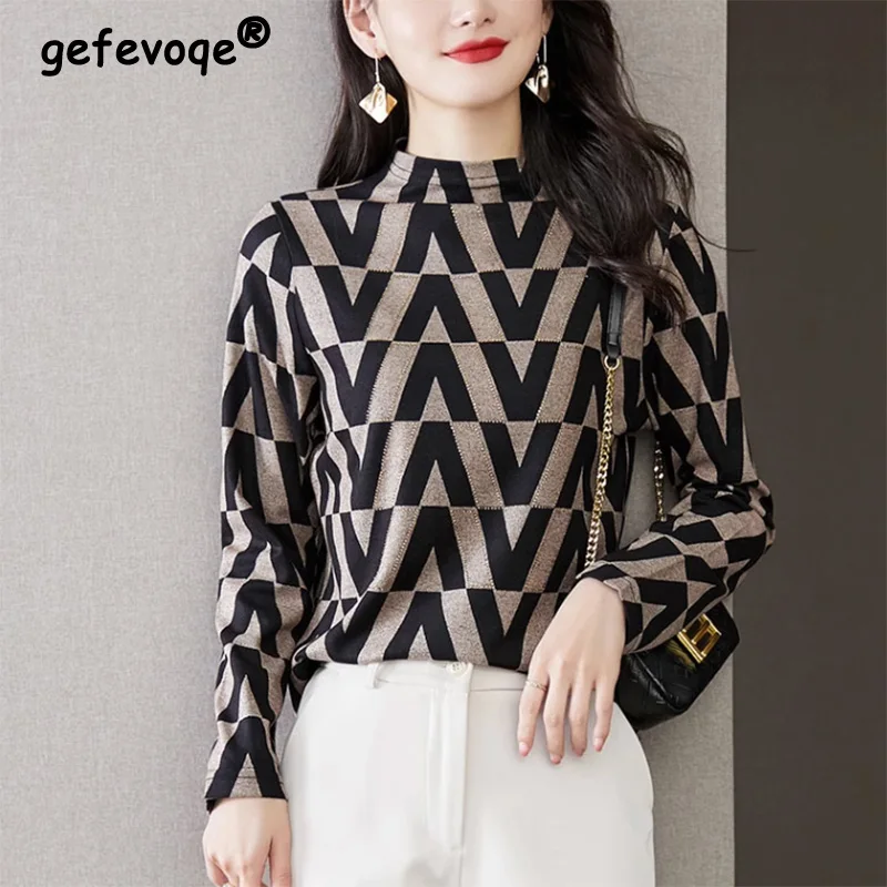 

Autumn and Winter High-end German Velvet Half High Collar Printing Bottoming Shirt Korean Regular/thick Long Sleeve Tops