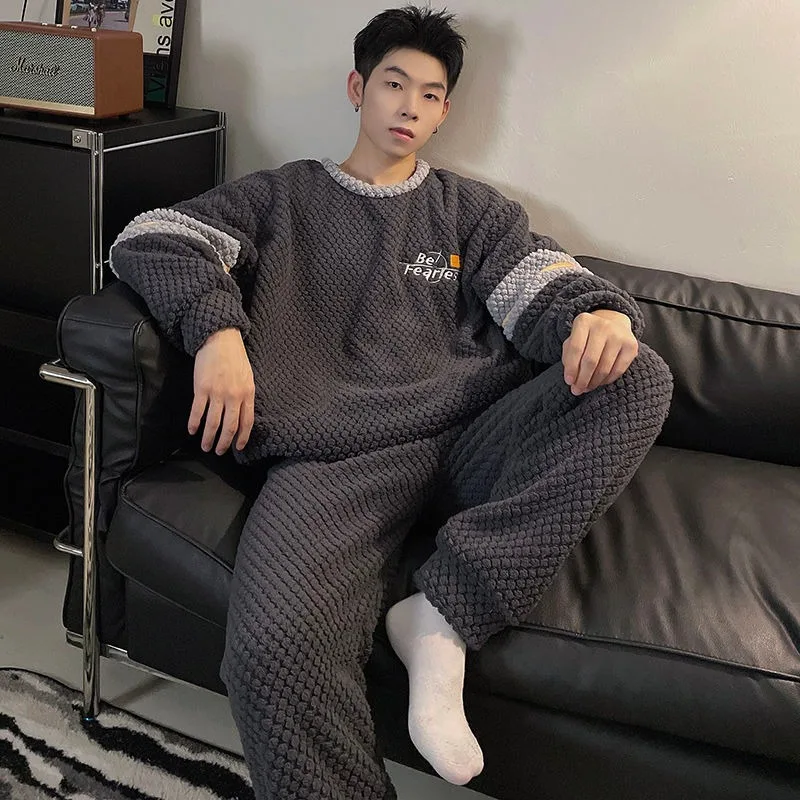 2024 New Men Pajamas Winter Coral Fleece Thickened Velvet Nightclothes Suit Male Round Collar Casual Warm Large Size Loungewear