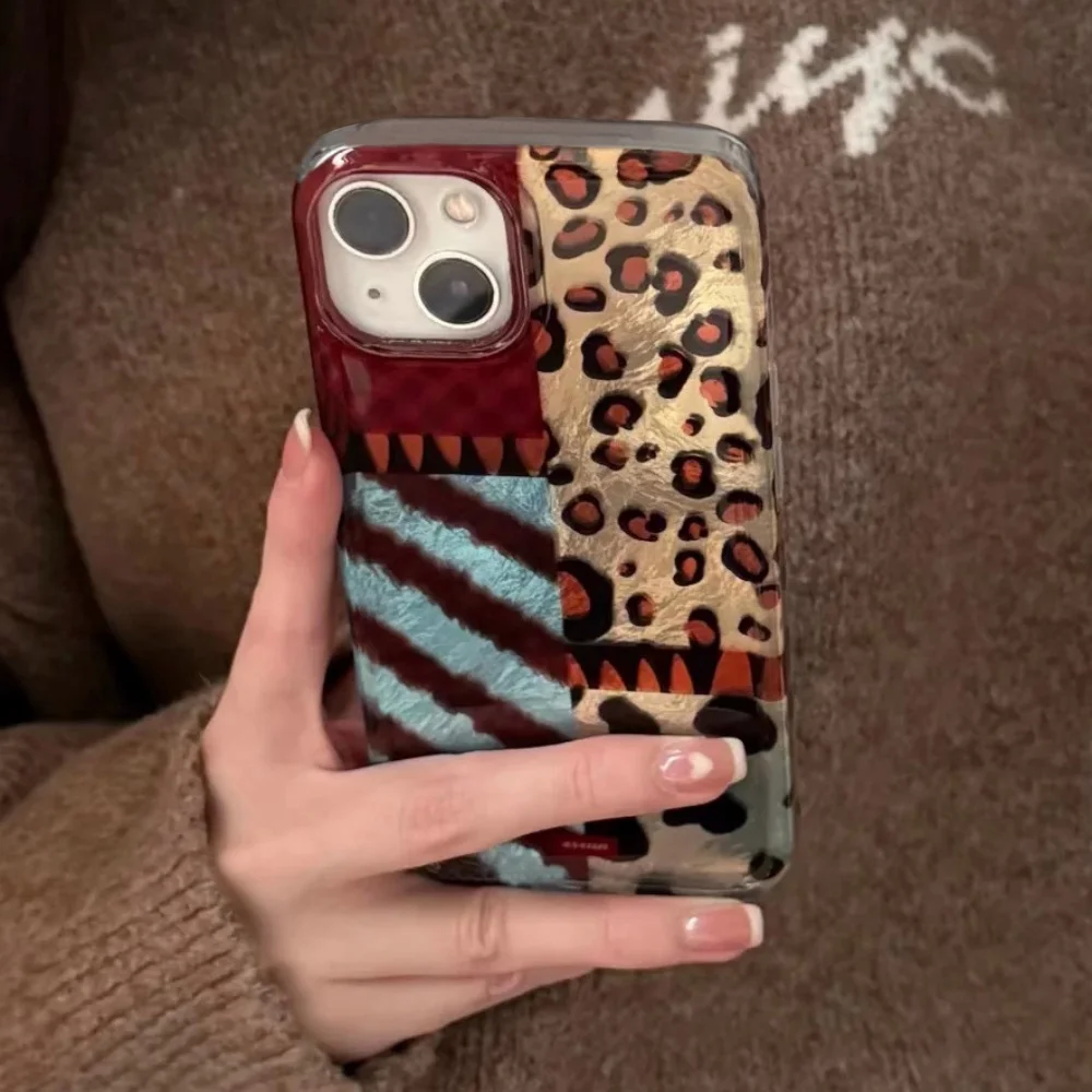Luxury Laser Y2K Leopard Print Phone Case with Feather Texture