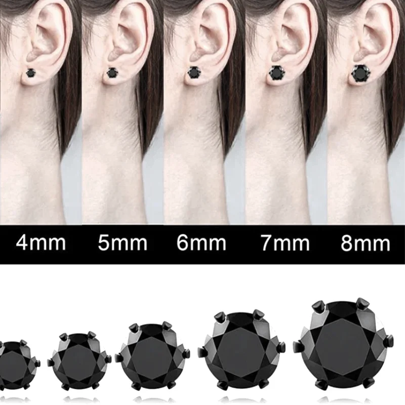 4-8mm Stud Earrings for Women Girls Men Punk Stainless Steel Stone CZ Crystal Round Black Silver Color Piercing Jewelry
