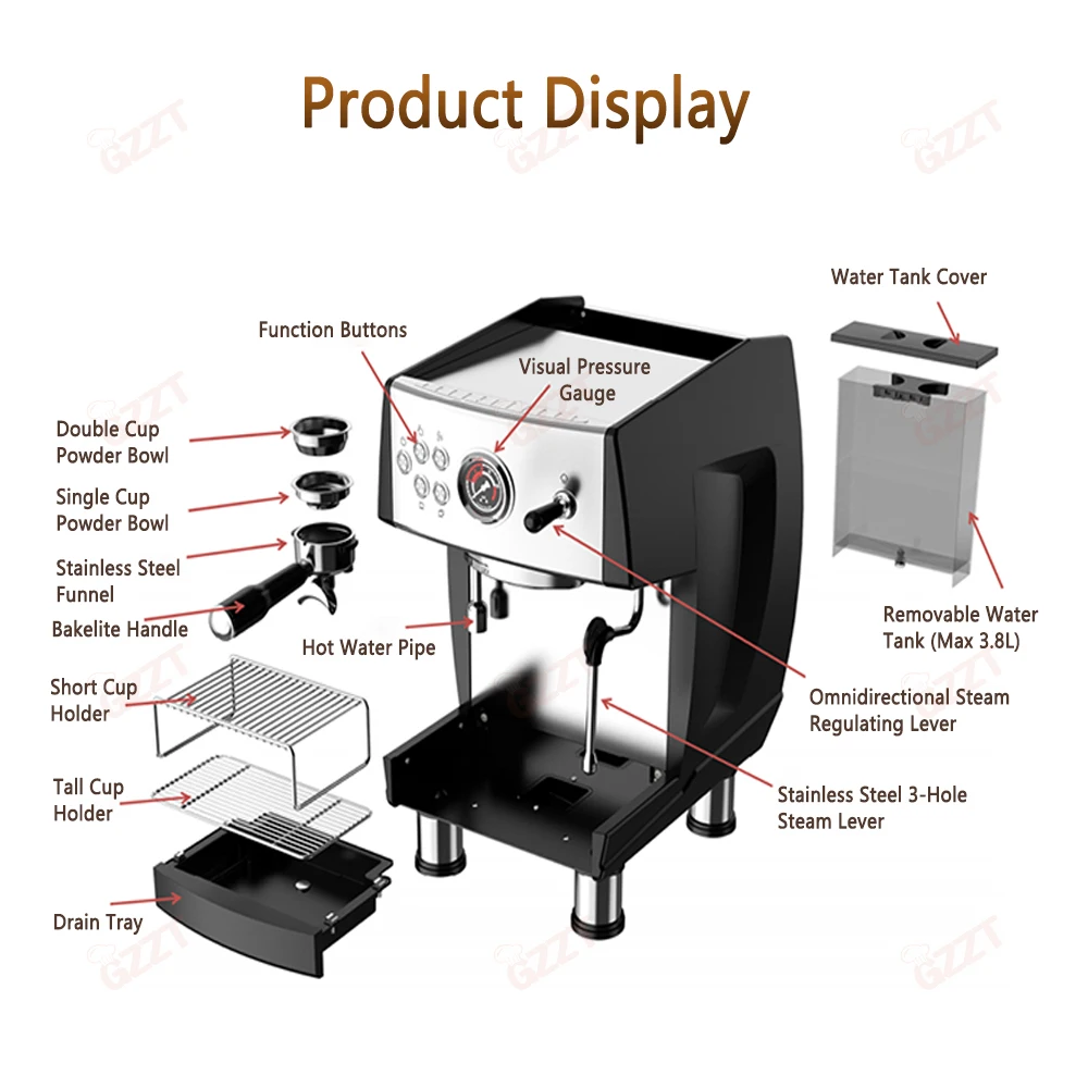 GZZT CM-808 9Bar Commercial Semi-automatic Coffee Machine ULKA Pump 3 Boilers PID Temperature Control Espresso Coffee Maker 220V 6