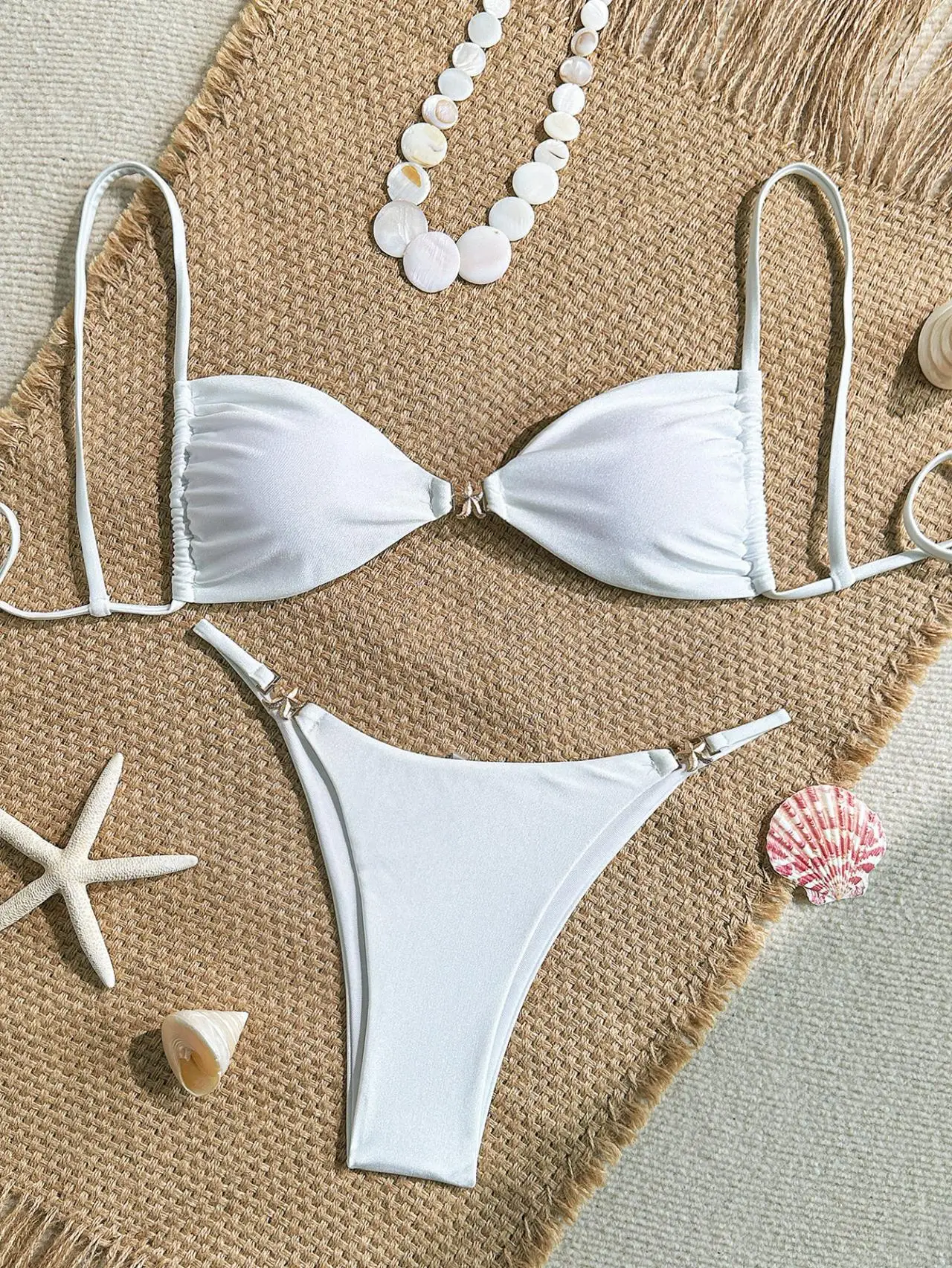 Sexy White Bikinis Sets Women Metal Starfish Pleate Push Up Bra Thong Swimsuit 2025 Summer Bathing Suit Micro Swimwear Biquini