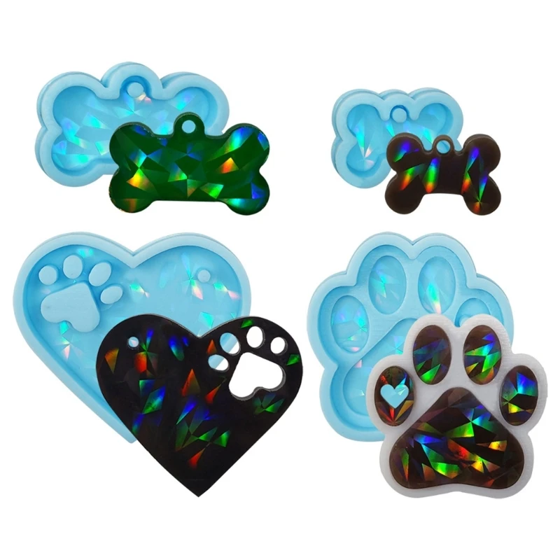 DIY Holographic Heart Cats Paw Bone Charm Silicone Mold Light and Shadow Pet Tags Keychain Pendant Crystal Epoxy Resin Mold