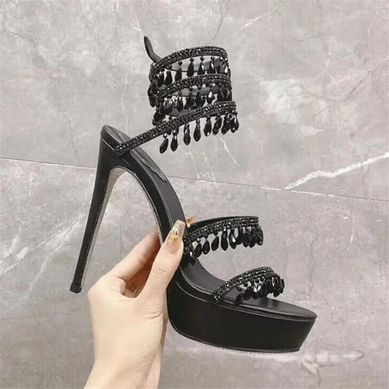 

Tassels Crystal Women Sandals Ankle Wrap Thick Sole Platfform Shoes Summer Gladiator Dress Pumps Party High Heels Black Stiletto
