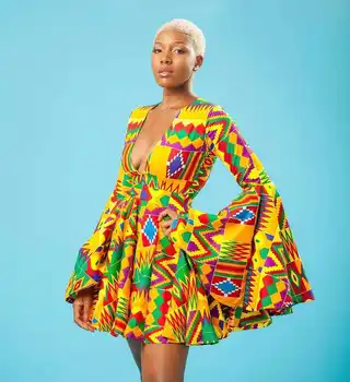 Dunni V-Neck Trumpet Sleeves Kente Dress