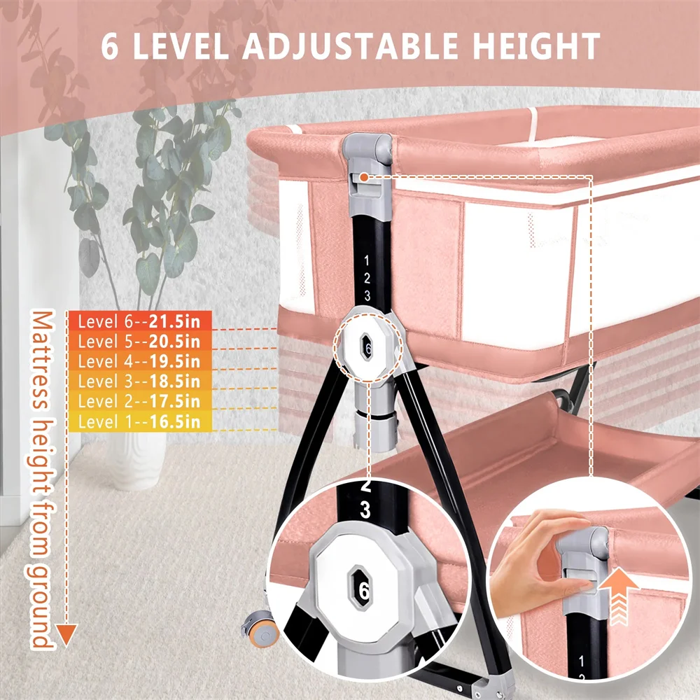 Baby Bassinet, HDJ Baby Bedside Sleeper Bassinet with 360° Wheel, Portable Infant Bed Side Crib for 0-6 Months, Pink S28509ae8a8ab4c3e907715ab7133b16dz