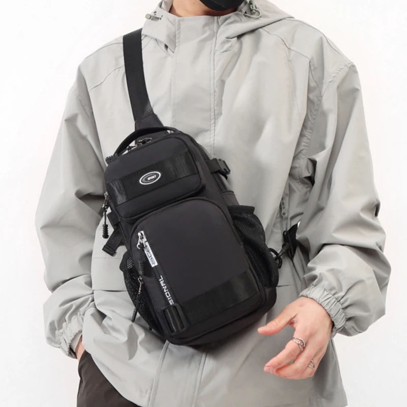 Men's multifunctional chest bag with multiple zipper compartments, suitable for outdoor sports, adjustable shoulder straps, cros