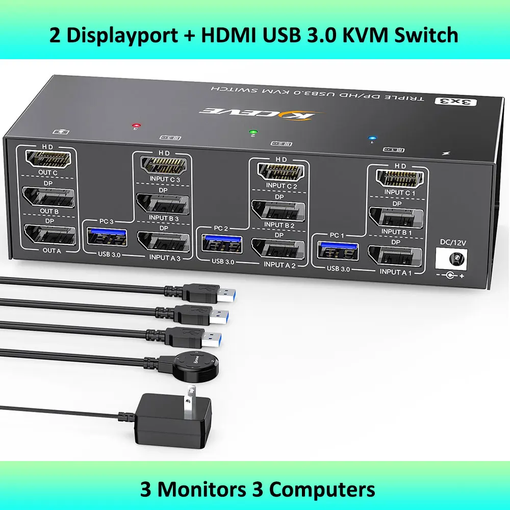 

2 Displayport + HDMI USB 3.0 KVM Switch 3 Monitors 3 Computers, 8K@60Hz,4K@144Hz KVM Triple Monitor Keyboard Mouse Switcher