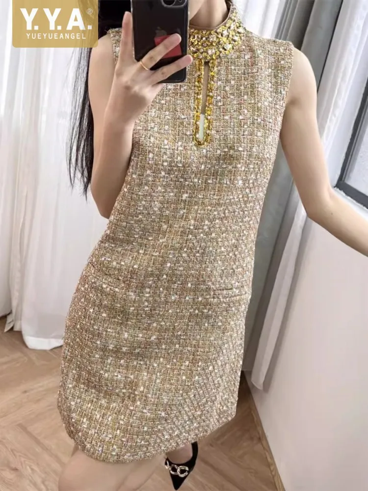 

Women Diamonds Sequined Beading Stand Collar Sleeveless Tank Dress Hollow Out Elegant Ladies Spring Vintage Mini Tweed Dress