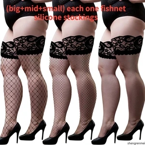 Shengrenmei 3 Pairs Women Silicone Non-slip Stockings Erotic Lace Top Mesh Over Knee Stocking Sexy Stay Up Thigh High Stockings