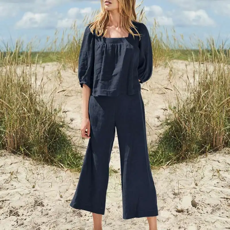 Women's Cotton Linen Sets Autumn Spring Pocket Wide Leg Pant Suits Two 2 pcs Sale JYFS-6439 2
