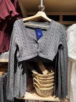 Tricot court à fleurs torsadées pour femmes, en coton, col en v, simple boutonnage, manches longues, Slim, haut court, Vintage Chic, pull Cardigan Y2K 3
