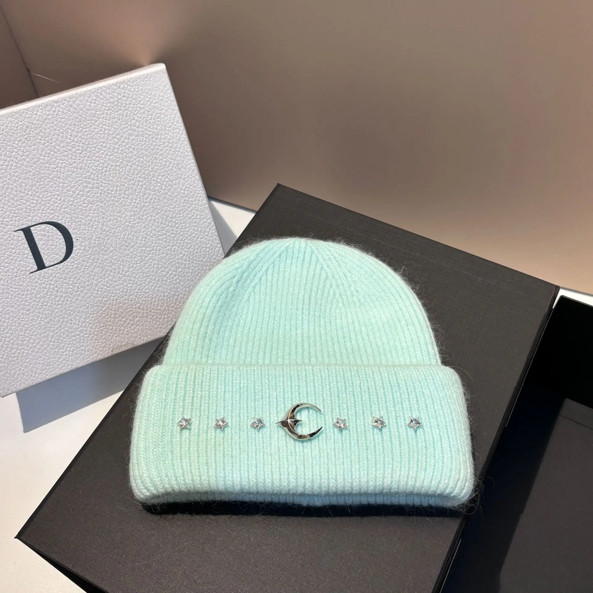 New Rabbit Fur Bifold Knit Hat Winter Warm Fashion Ear Protection Moon Beanie Outdoor Pullover Hat Women
_voghion.com