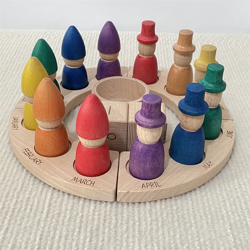Wooden Perpetual Calendar Peg Dolls Figures Kids Learning Time Toys Open Ended Play Game Year Advent Calendar for Children 6