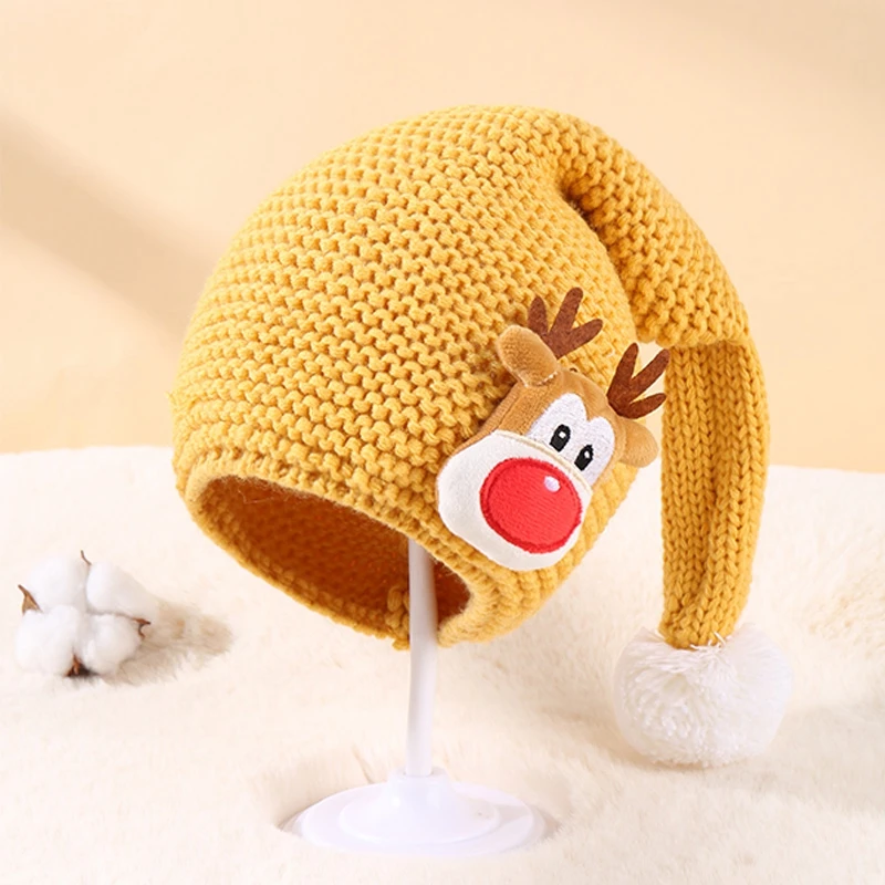 Christmas Reindeer Knit Hat with Ear Flaps and Pom Pom for Toddler Kids Winter Warm Cap Cute Holiday Accessories for Children