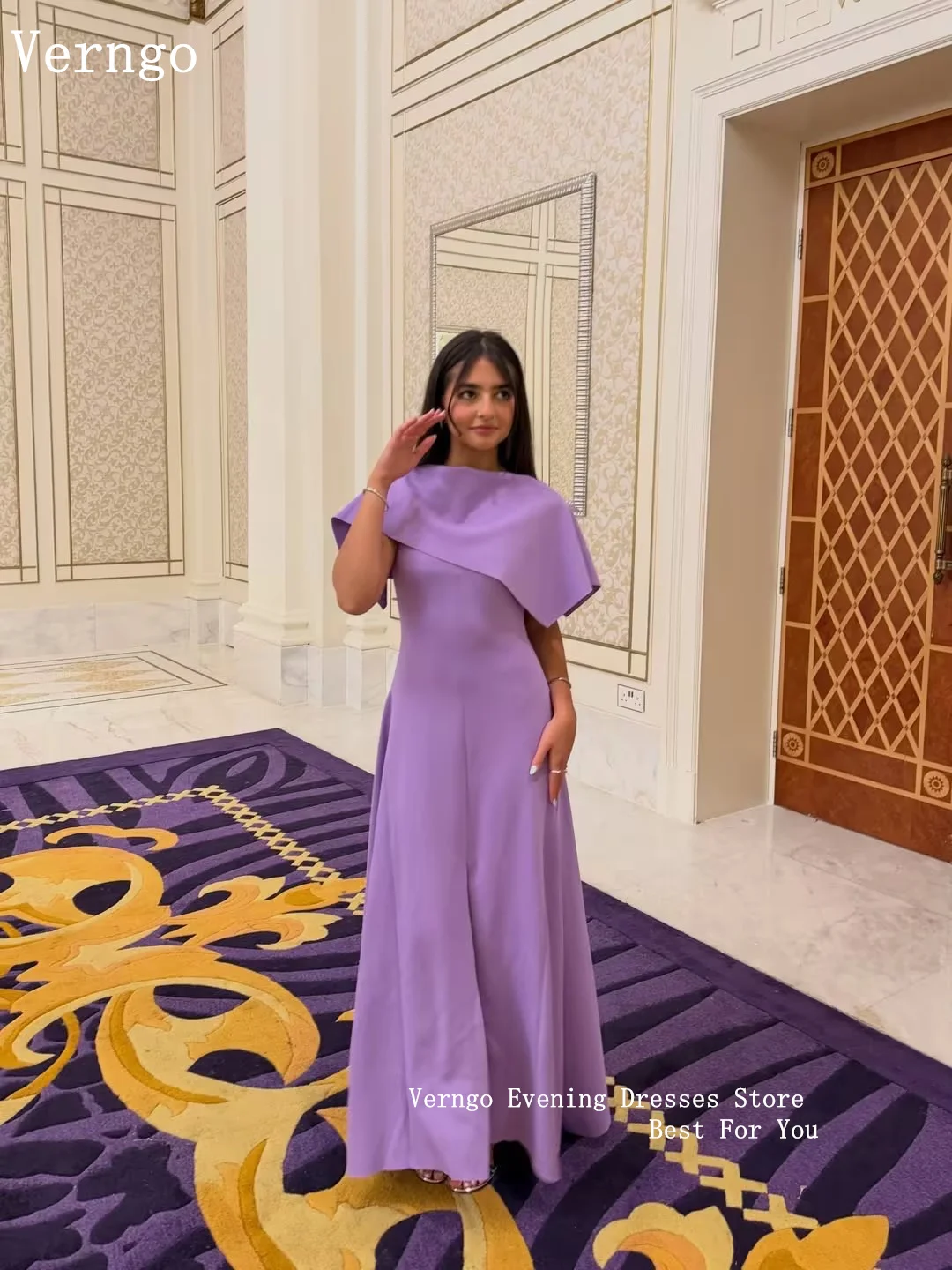 Verngo Lavender Crepe Evening Dress High Neck Short Sleeves Prom Gowns Modest Maxi Arabia Party Dresses Customized 4