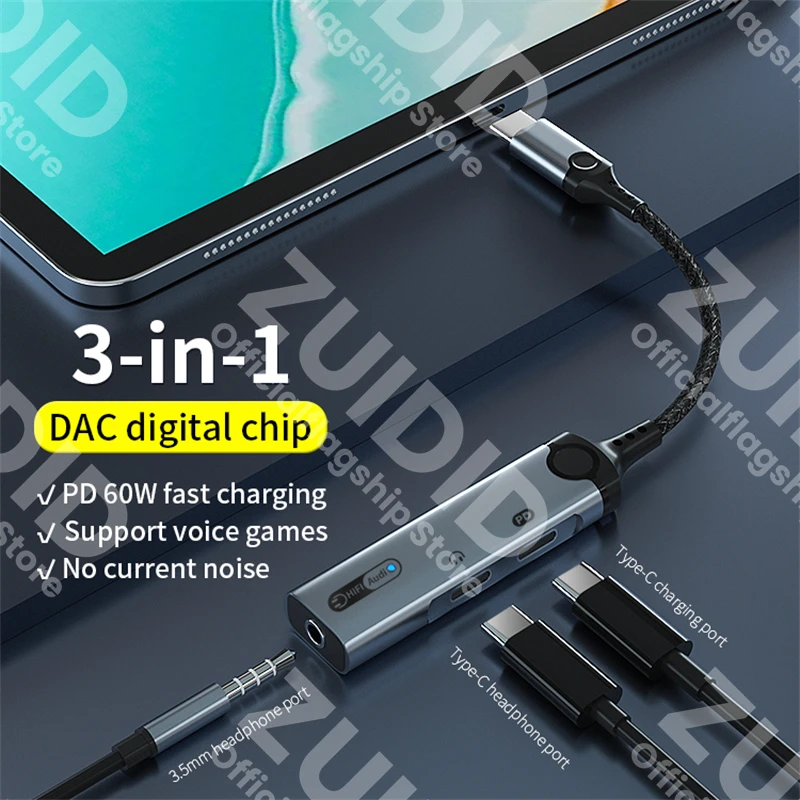 3in1 USB Type-C to 3.5mm/Dual USB C Earphone Adapter PD60W 32Bit/384KHz DAC Audio Aux Headphone Converter For iPad Pro Samsung