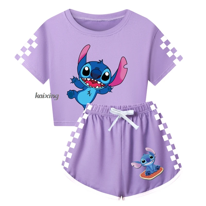 CAN O & Stitch-Ensemble de vêtements d'été pour garçons et filles, t-shirt et pantalon de sport pour enfants, pyjamas pour bébé, tenues confortables, vêtements de nuit, 2 pièces