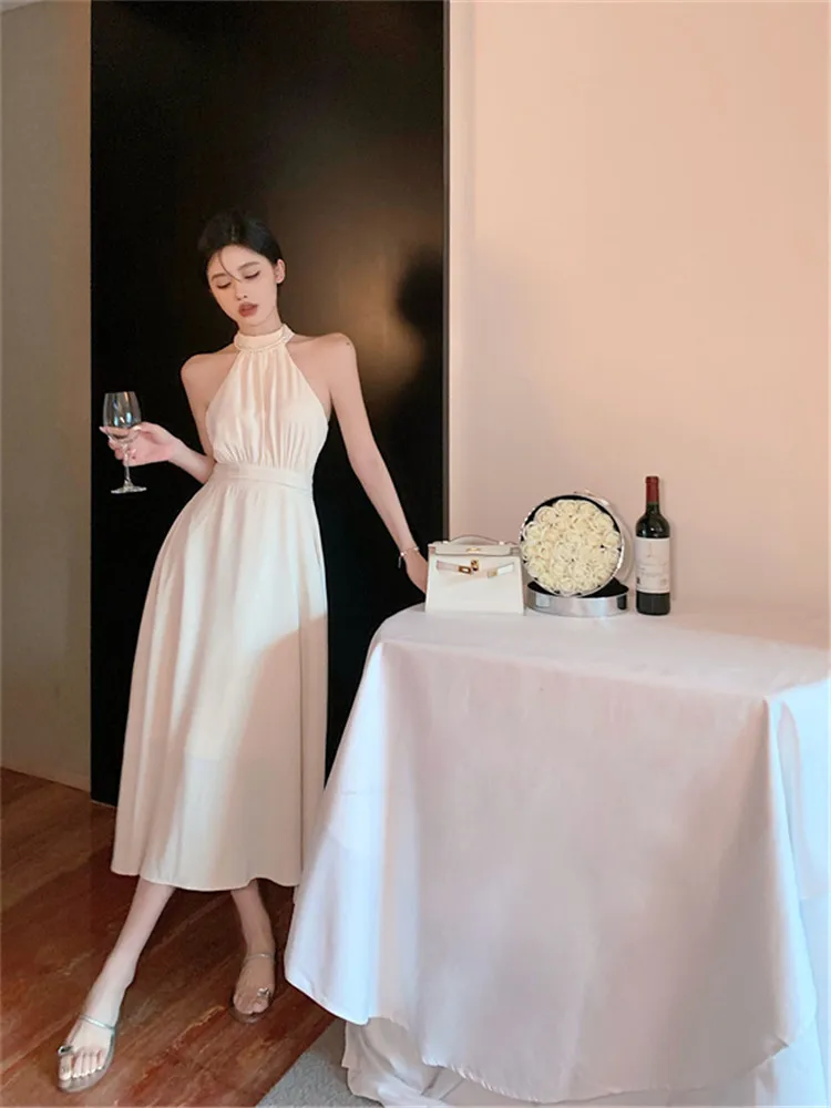 

New Summer Holiday Party A Line Dress Fashion Halter Sleeveless Slim Waist Beach Photo Dress Robe Fairy Beige Vacation Dress
