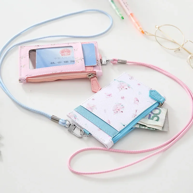 Women Floral Card Holder Wallet Neck Strap Lanyard Badge PU Leather Wallet Bank Credit Card ID Holder Case Purse Bag leather wallet wallet card holder card holder credit card holder credit card wallet card wallet id card holder id card case wallet card bag