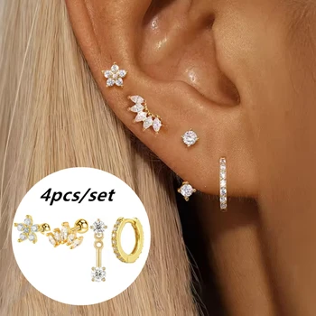 4PCS Stainless Steel Circle Huggie Hoop Earrings Set for Women Gold Color Unique Zircon Flower Stud Earring Piercing Jewelry