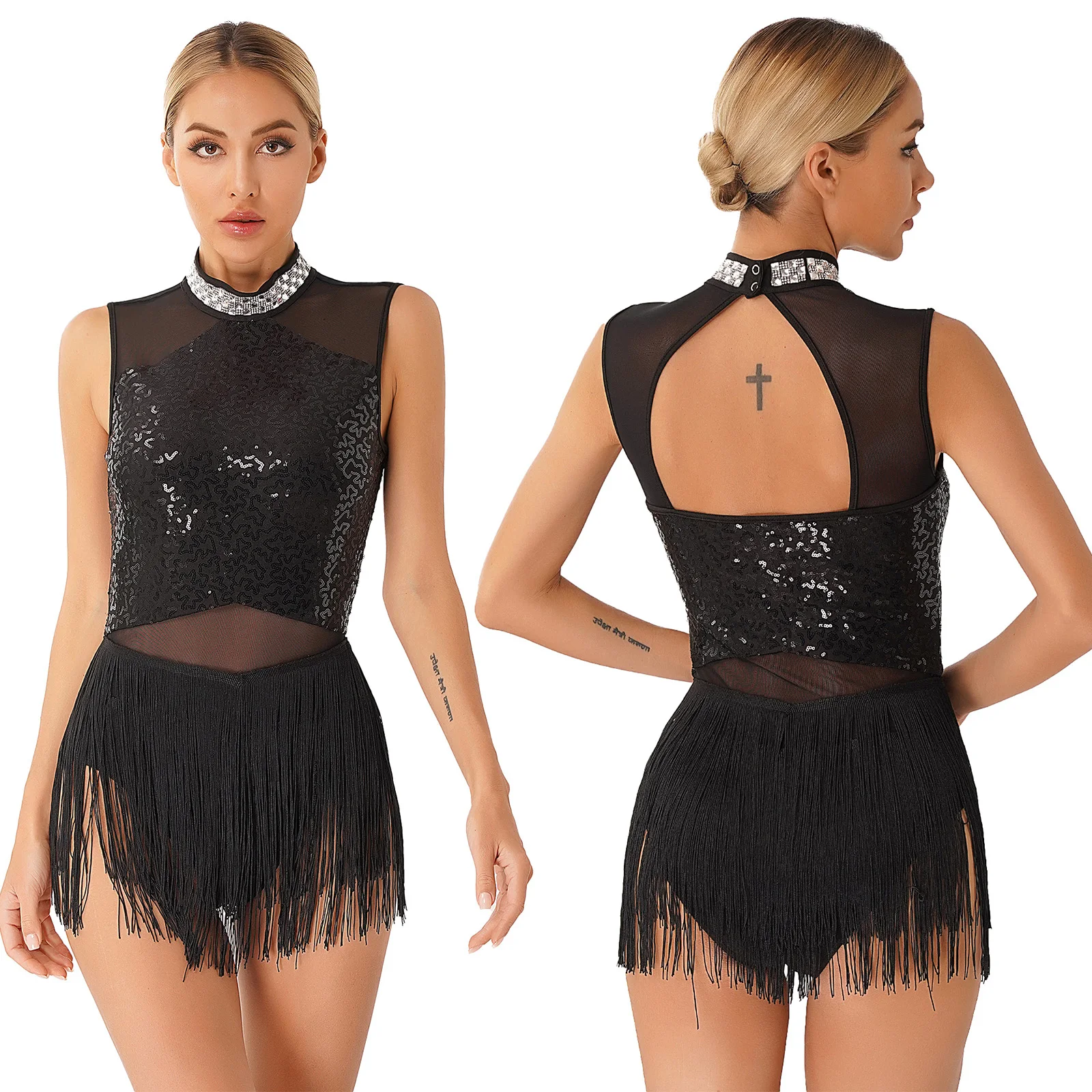 thumbnail image 1 of Vestido de baile de salón de Jazz con lentejuelas brillantes y diamantes de imitación para mujer, traje de patinaje artístico para actuación de Tango Latino Rumba Cha-Cha Samba, 1 of 5