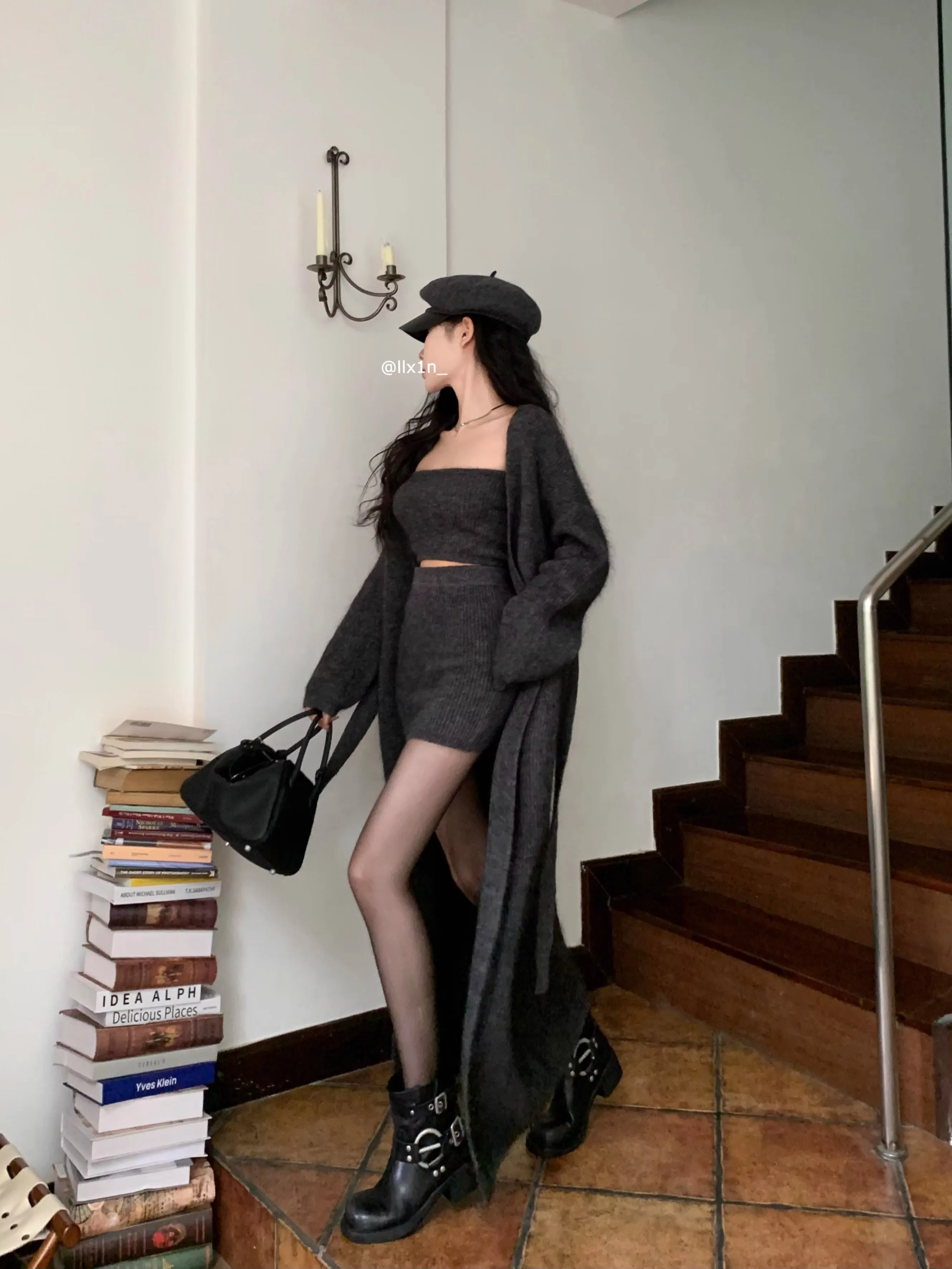 Autumn Winter New Knitted 3-piece Skirt Set Women Solid Long Cardigan Strapless Crop Top Mini Skirt Y2K Korean Chic Knitwear New