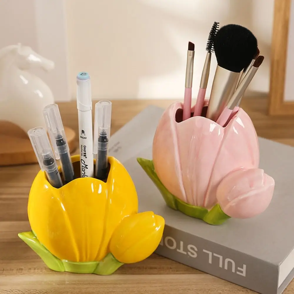 

Retro Tulip Flower Pen Holder Cute Aesthetic Makeup Brush Storage Bucket Ceramic Multifunction Stationery Shelf Girl