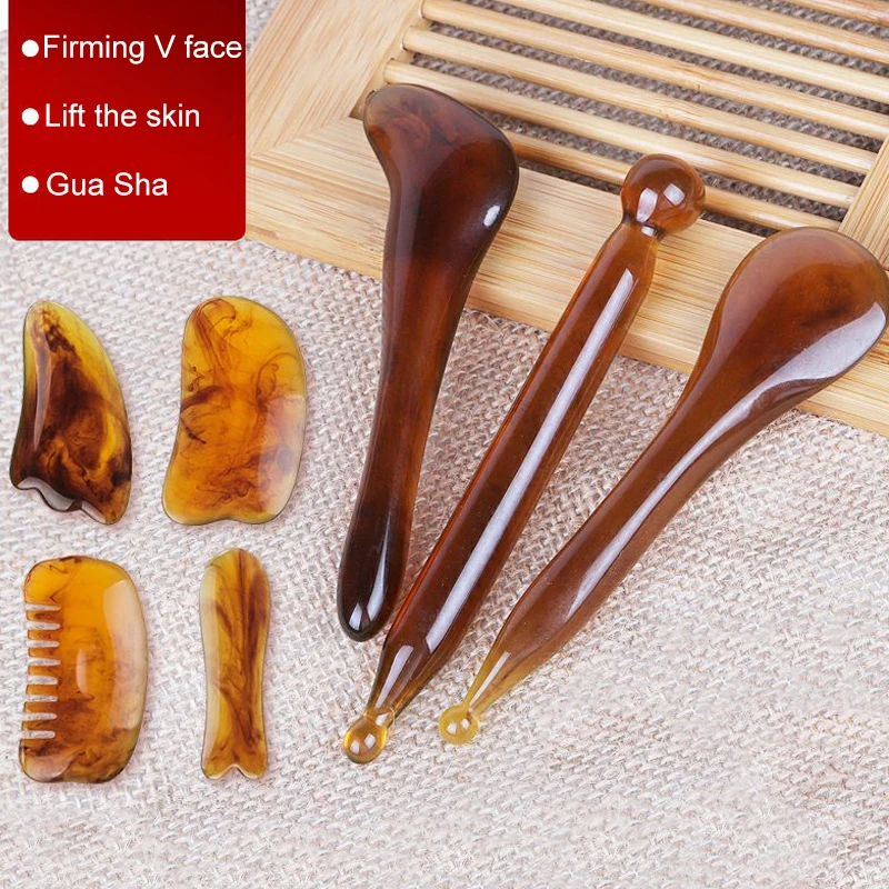 

7PC Set Natural Resin Gua Sha Board Acupuncture Massager For Face Lifting Amber Guasha Scraping Facial Gouache Pink Massage Tool