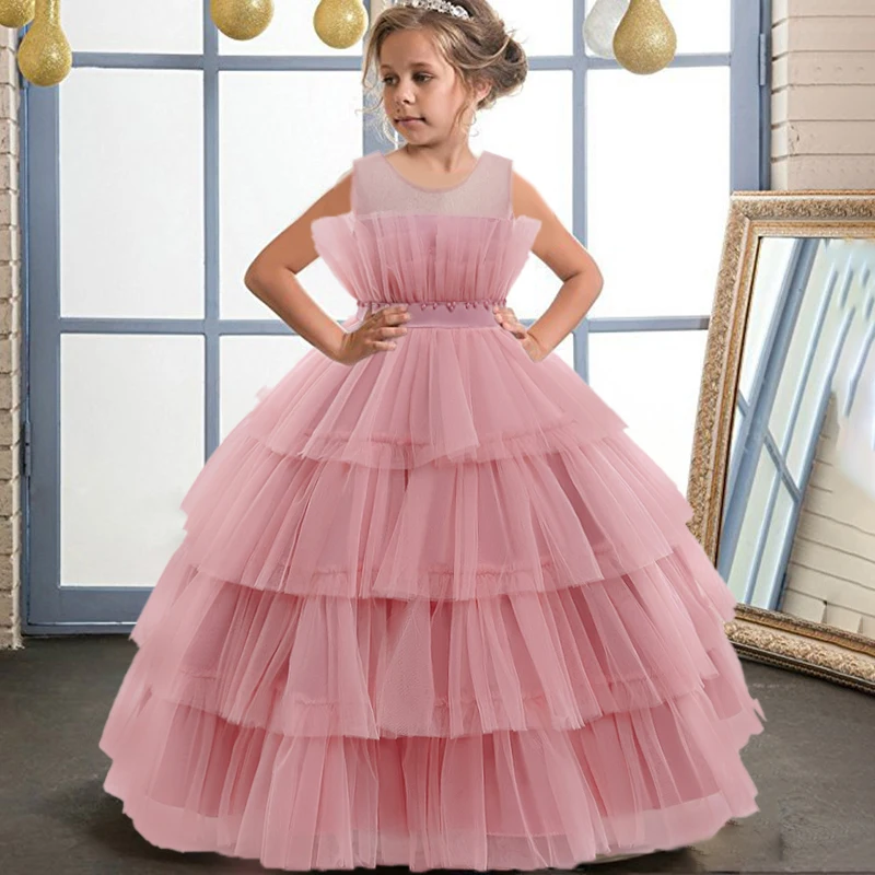 green emerald velvet dress Elegant Pink Satin Girl Dresses Square Collar for Kids Party Gown J145 Pink / Child-4