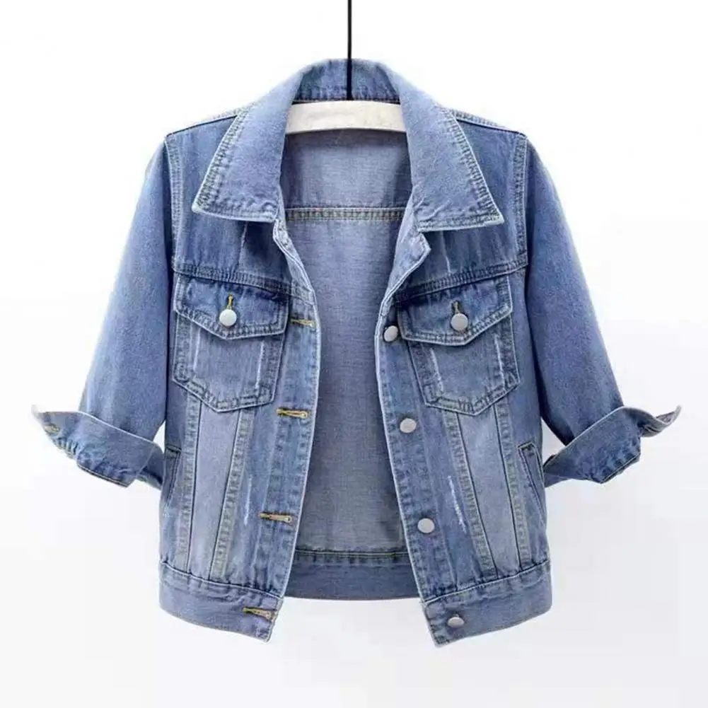 

Spring Autumn Denim Jacket Women Lapel 3/4 Sleeve Flap Pockets Single Breasted Casual Short Coat Lady Outerwear 2023