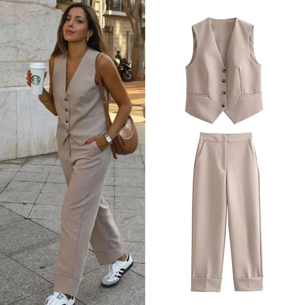 Women's Khaki Vest and High Waist Straight Pants Set