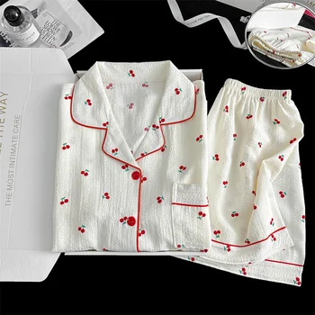 Summer Short Sleeve Sleepwear Women's Bubble Gauze Pleated Cardigan Sweet Little Cherry Thin Home Clothes Set Casual Style
