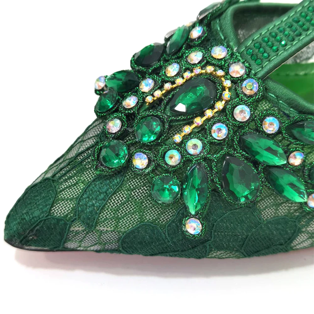 2023 New Mary Jane Design African Women Shoes and Bag Set Green Color with Shinning Crystal for Wedding Party