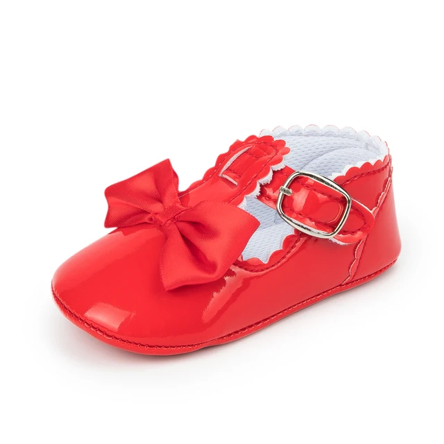 Newborn Baby Shoes Baby Boy Girl Shoes Girl Classic Bowknot Rubber Sole Anti-slip PU Dress Shoes First Walker Toddler Crib Shoes Red3