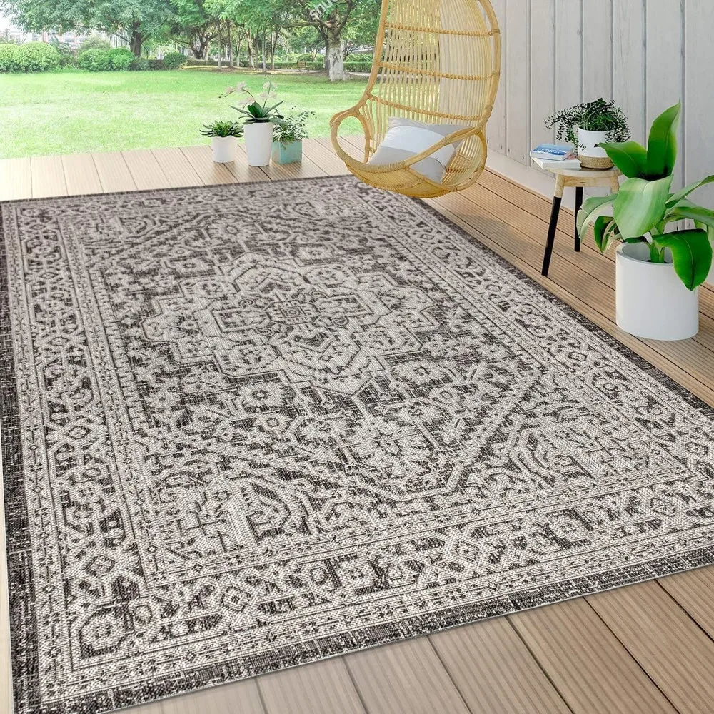 Outdoor Rug 8 Ft. X 10 Ft, Medallion Textured Weave Indoor, Easy-Cleaning, Non-Shedding, Outdoor Rug