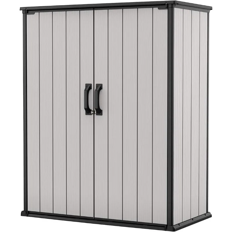 

Keter Premier Tall 4.6 x 5.6 ft. Resin Outdoor Storage Shed with Shelving Brackets for Patio Furniture, Gray and Black