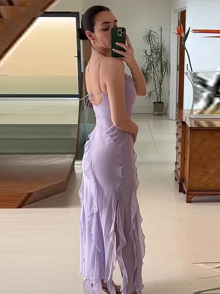Sexy Women Purple Chiffon Maxi Dresses Ruffles Spaghetti Straps Chic V Neck  Backless Long Holiday Split Summer Fashion Dress