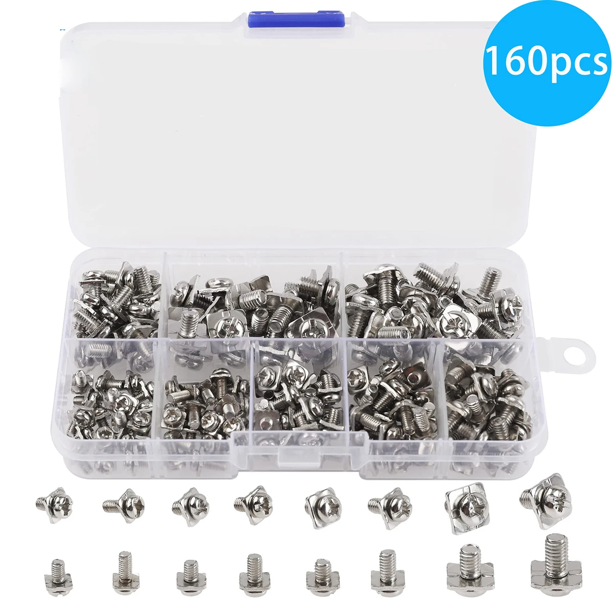 160Pcs M3 M3.5 M4 M5 터미널 블록 나사 모듬 키트(사각 와셔 포함) 니켈 도금 탄소강 조합 나사 DIY