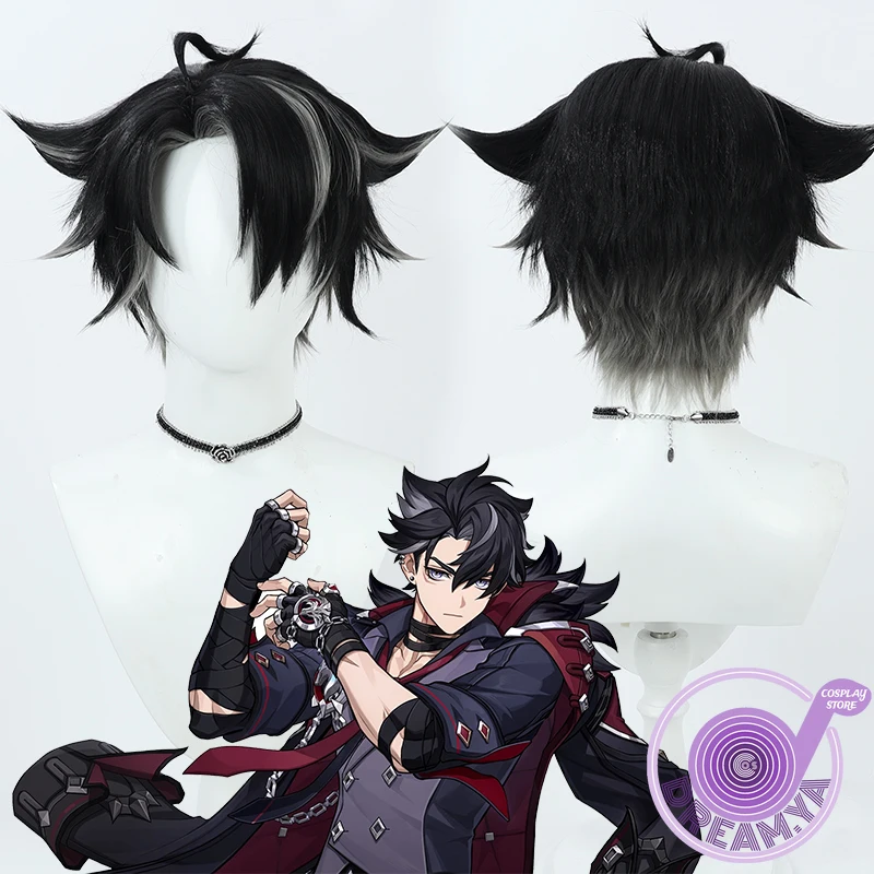 

Парик для косплея Wriothesley черный серый Genshin ударопрочный термостойкий синтетический волос Хэллоуин для ролевых игр искусственный карнавал + шапочка парика