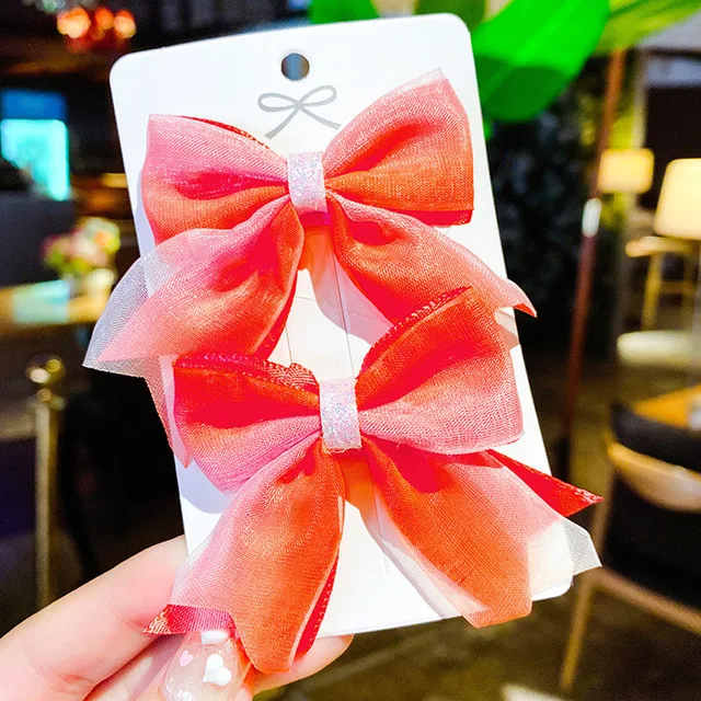 2022 New Bow Headgear Cute Sweet Little Girl Hair Accessories Summer Girls Net Red Clips Baby Hairpins Children Hair Clips Gifts Orange 02