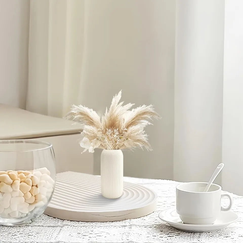 Modern White Ceramic Ribbed Flower Vase