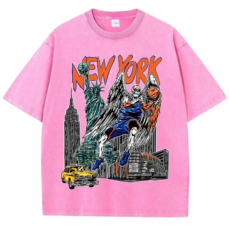 T-Shirt Vintage Americana Uomo Donna New York Giocatore Di Basket Abbigliamento Skeleton Wings Build T-Shirt Street T-Shirt Oversize