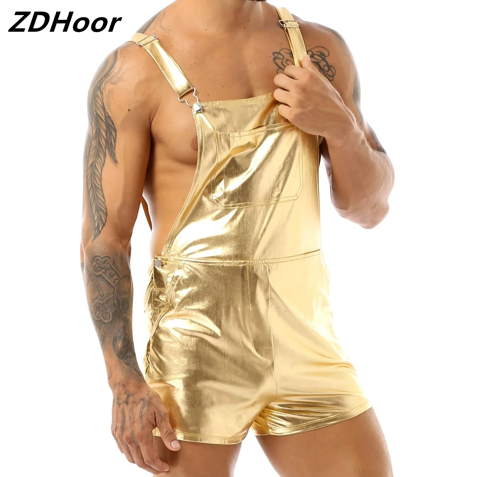 

Men Metallic Wide Shoulder Straps Jumpsuit Clubwear Halloween Costume Shiny Bib Overall Suspender Shorts Festival Fancy Dress